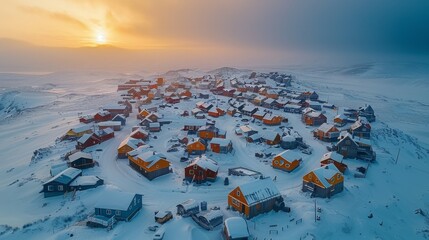 Aerial view of a small Arctic village during the polar day, showing unique circular arrangement of houses to resist wind