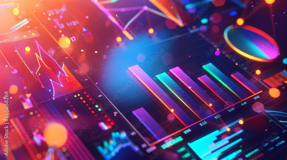 Poster abstract financial data charts with bright colors and futuristic elements on a dark background. idea
