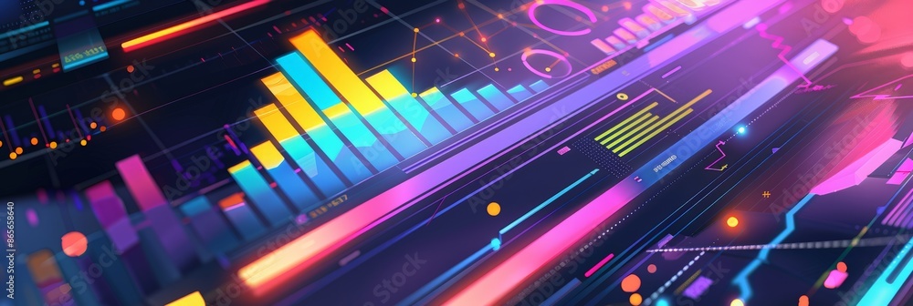 Poster Abstract digital charts and financial data metrics with vibrant colors on a dark background. Ideal for business presentations and analytics reports