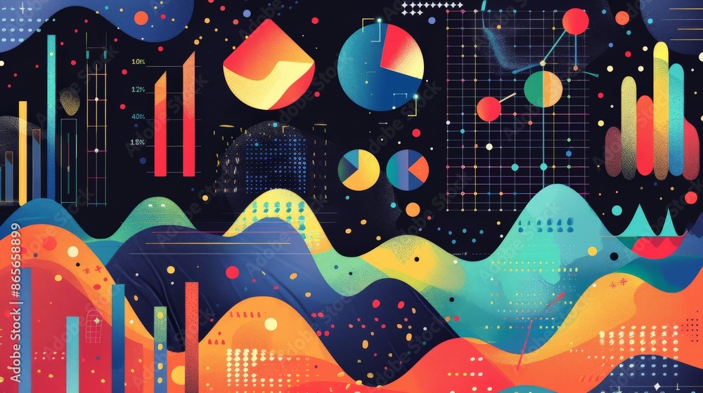 Poster Abstract business background with vibrant charts and graphs on a dark theme. Perfect for data visualization and financial reports