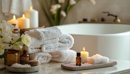 Spa background towel bathroom white luxury concept massage candle bath. Relax aromatherapy flower accessory zen therapy aroma beauty setting table salt oil