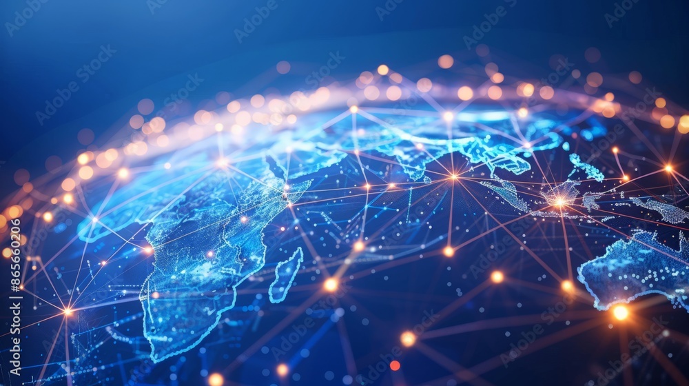 Poster Glowing digital map of the world with highlighted network connections in blue. Global technology and data transfer concept. Perfect for presentations on global communication and connectivity