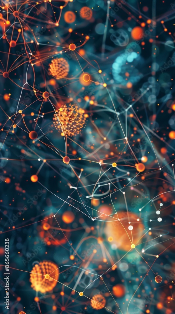 Aufkleber Abstract digital network with glowing nodes and connections on a dark background. Modern technology and innovation concept. Great for tech presentations and backgrounds