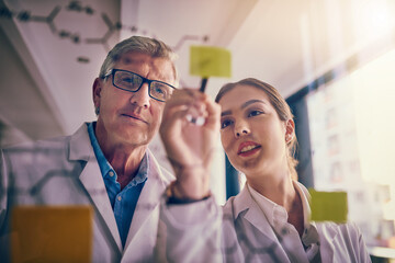 Scientists, notes and research with solution, writing and innovation for experiment or...