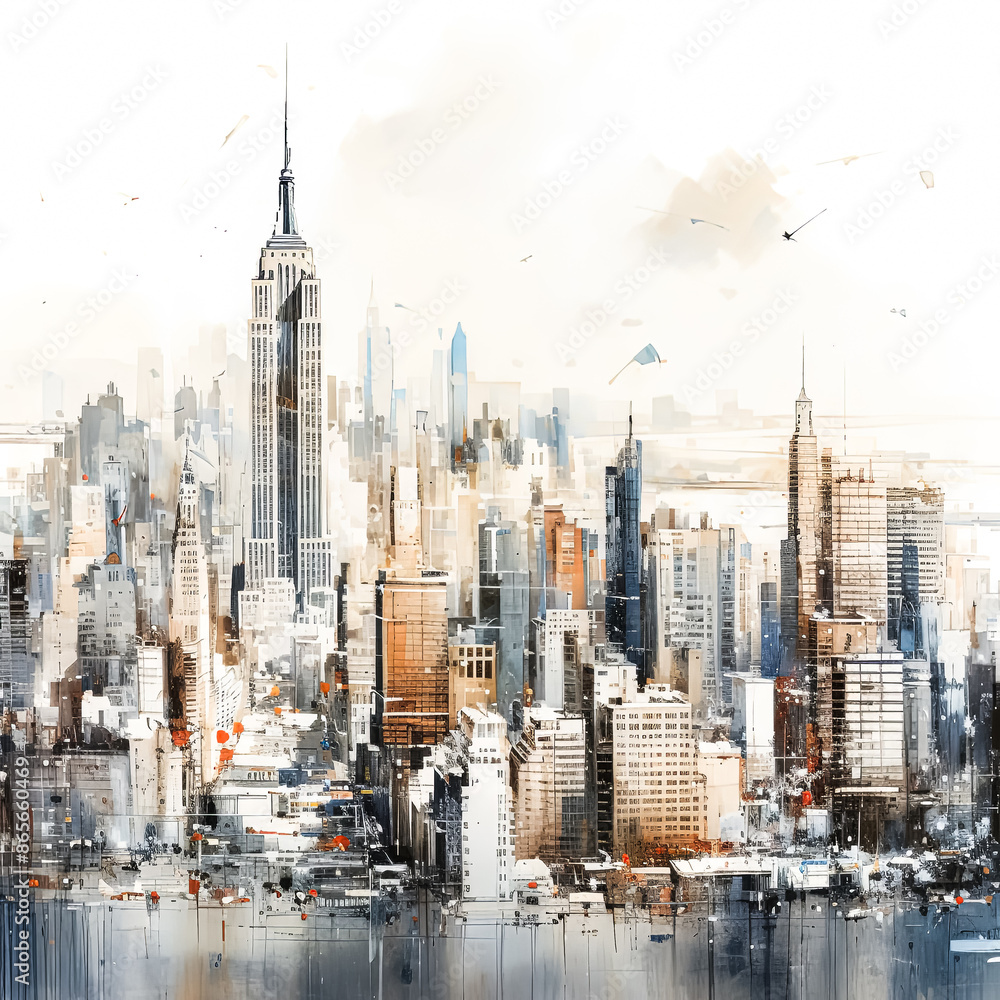 Poster a cityscape with a large building in the middle and a statue of liberty on the left.