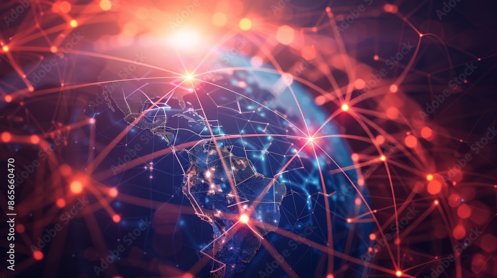 Poster Illuminated digital map of North and South America with interconnected network nodes. Global communication and data exchange concept. Great for business and tech presentations