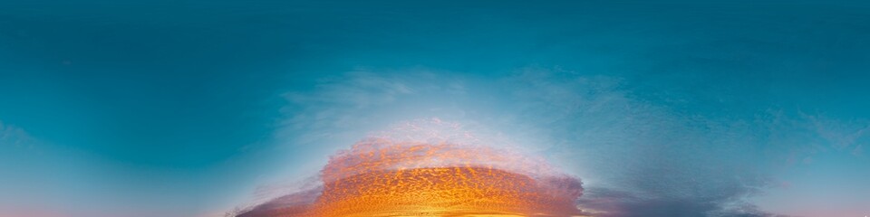 Red burning sunset sky panorama with Cumulus clouds. Seamless hdr 360 pano in spherical equirectangular format. Sky dome or zenith for 3D visualization, sky replacement for aerial drone panoramas