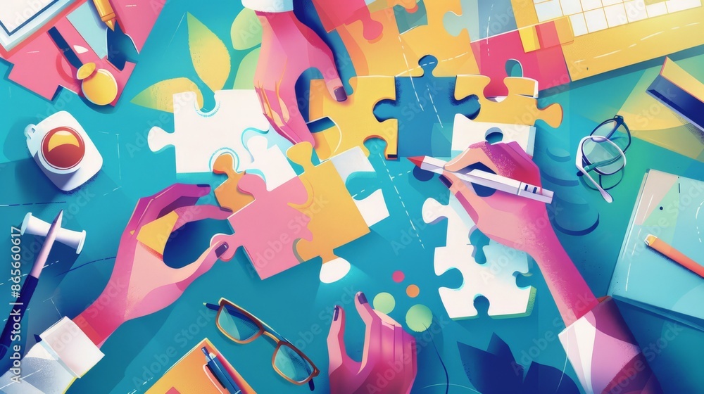 Poster top view of a vibrant business workspace with colorful puzzle pieces and office supplies. creative t