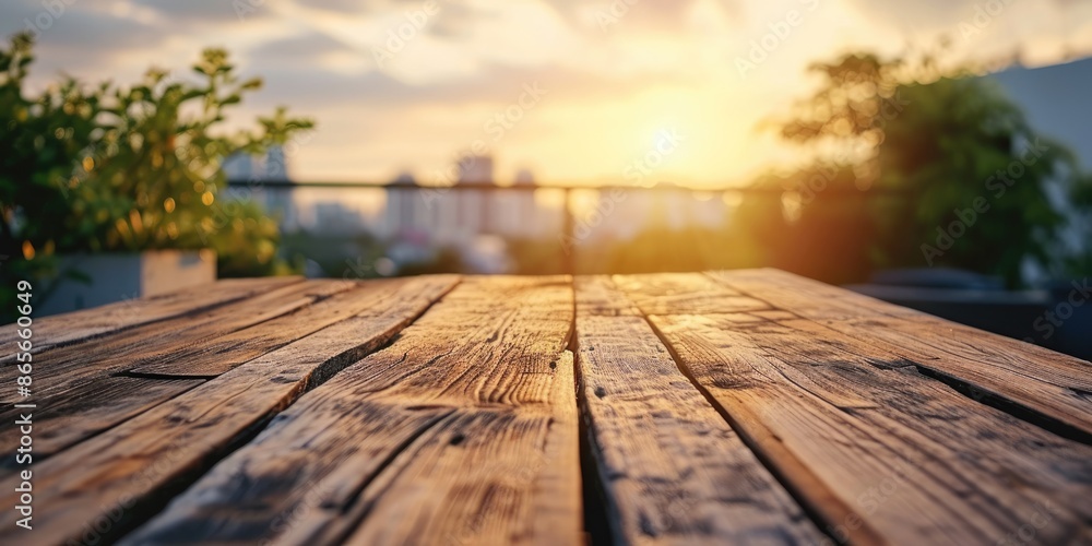 Poster the close up picture of the empty table that has been made from wood material and placed inside the 