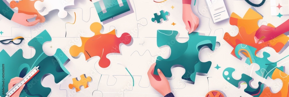 Aufkleber Hands working together on a large puzzle with various office supplies scattered around. Teamwork and collaboration in a business setting. 