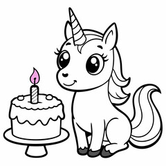 A cartoon white unicorn sits beside a cake with a birthday candle on it