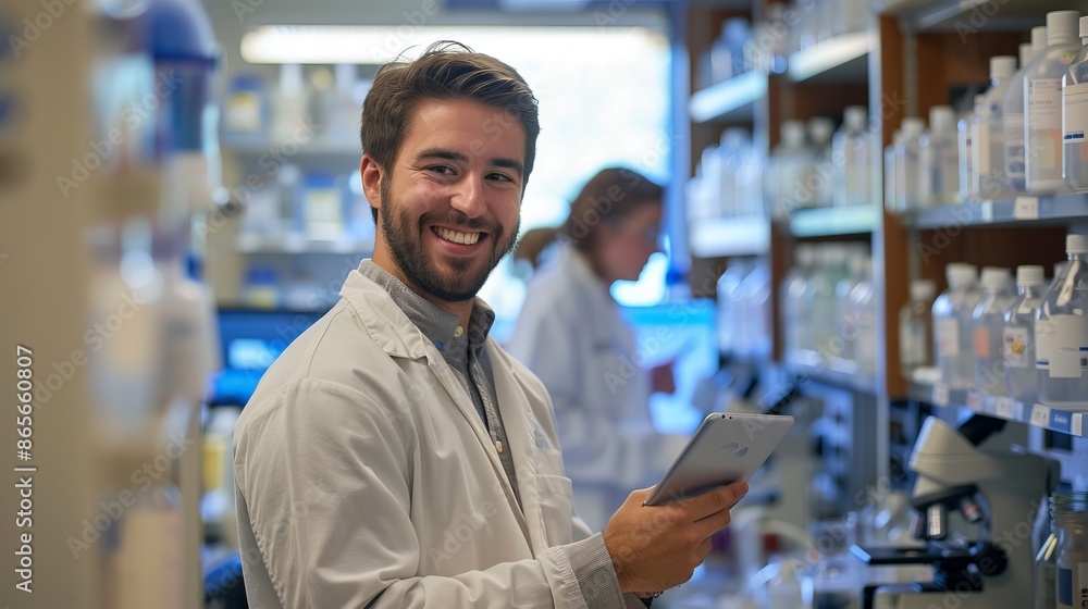 Poster lab technician smiling while working in a modern laboratory. the image is professionally styled, dep