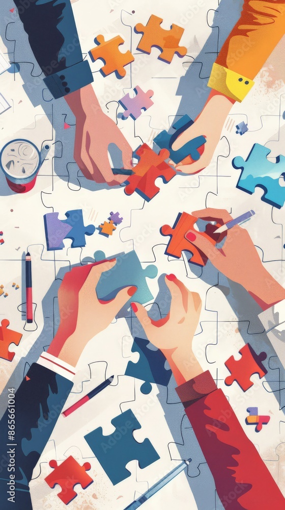 Poster Multiple hands working on a puzzle with various office supplies on the table. Business strategy and planning concept. Ideal for teamwork and project management presentations