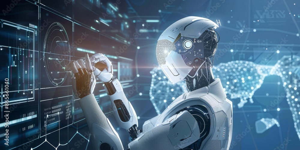 Poster Futuristic AI robot interacting with digital screens, representing advanced technology, artificial intelligence, and cyber innovation in a high-tech environment