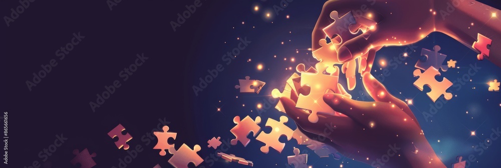 Poster hands connecting puzzle pieces with bright light and network lines. collaboration and technology con