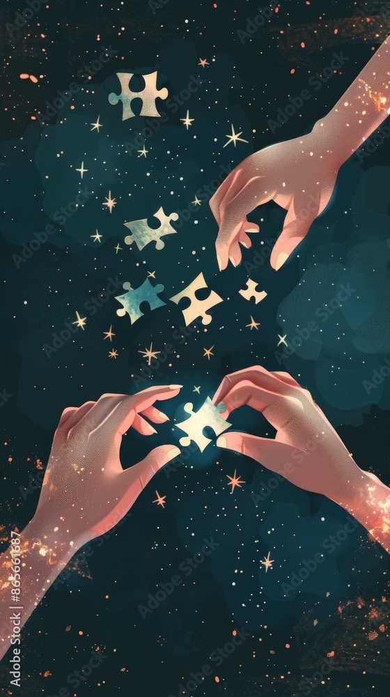 Poster Hands holding puzzle pieces with network connections and a glowing effect. Innovation and teamwork concept. Perfect for presentations on business and technology integration
