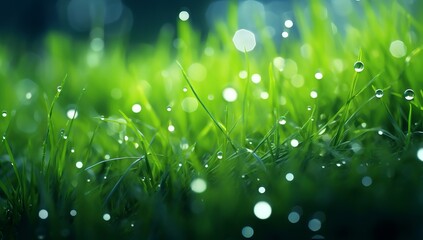 A close-up view of sparkling dewdrops clinging to a blade of grass in the early morning light.
