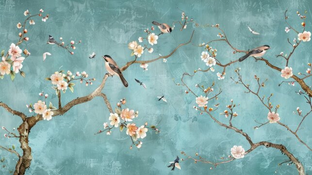 Chinoiserie wallpaper, wall art, mural, landscape, hand drawn, birds, trees, vintage, floral, Turquoise