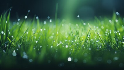 A close-up view of sparkling dewdrops clinging to a blade of grass in the early morning light.