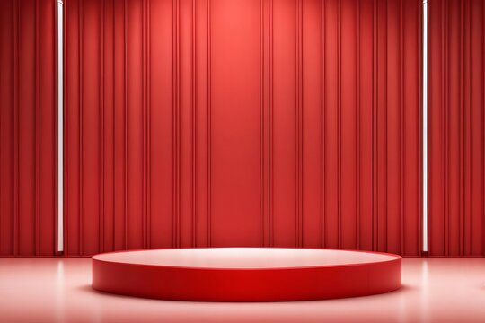 Red platform display stand on a red room background
