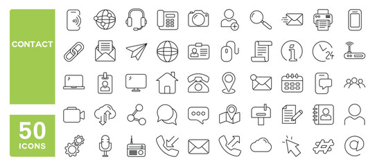 Set of 50 line icons related to contact, e-mail, address, phone, communication, Editable stroke. Vector illustration