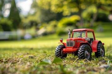 Obraz premium A tiny red tractor sits on green grass on a farm ready to start work