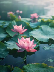Lotus Flower Plants Floating in Serene LakeLush Green Leaves - Tranquil Water Garden Scene
