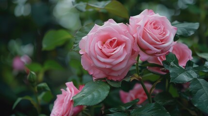 A bouquet of pink roses surrounded by lush green leaves