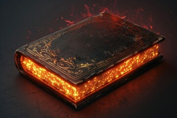 An old book with illuminated pages lit up in the darkness