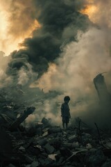 A person standing in front of a pile of rubble with debris scattered around