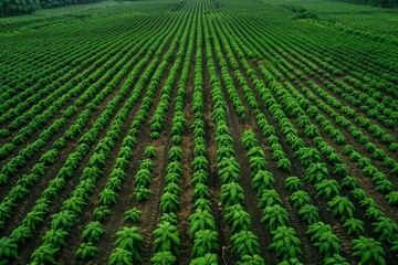 Aerial view of baby cassava plants in field for background with drone