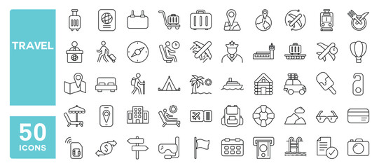 Set of 50 line icons related to travel, luggage, tour, summer vacations, tourism, Editable stroke. Vector illustration
