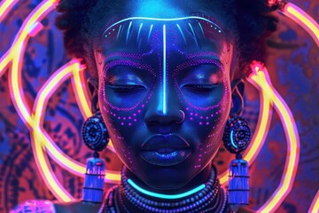 afrofuturistic portrait of a woman in a luminous neon costume blending traditional african aesthetics with scifi elements and vibrant colors
