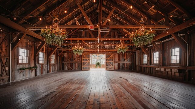 Cozy rustic barn interior with wooden floor and chandelier