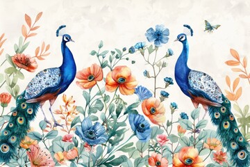 Two majestic peacocks stand amidst a colorful field of flowers, showcasing their vibrant plumage