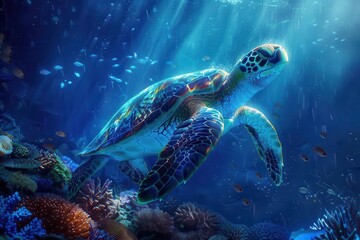 Fototapeta premium bioluminescent underwater scene sea turtle surrounded by glowing fish vibrant coral reef shimmering water effects deep blue ocean backdrop magical marine ecosystem