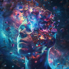 human anatomy, fragmented body parts, body fragmentation in 3D cube, small cubes separating from face, surreal cgi masterpiece, vibrant colors, edge lighting, mechanical fragmentation, biosphere decom