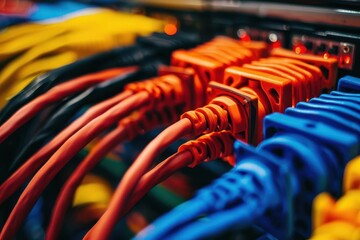Fototapeta premium closeup of intricate server room cabling orderly arrangement of colorful network cables highlight precision and complexity of modern data infrastructure