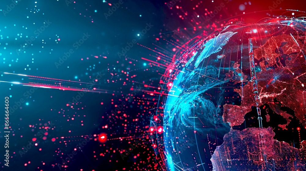 Poster ai-generated digital representation of earth in cyberspace with glowing red and blue lines. tech sty