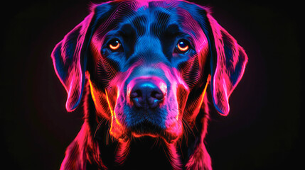 Beautiful black labrador dog in neon light. Ai art. 