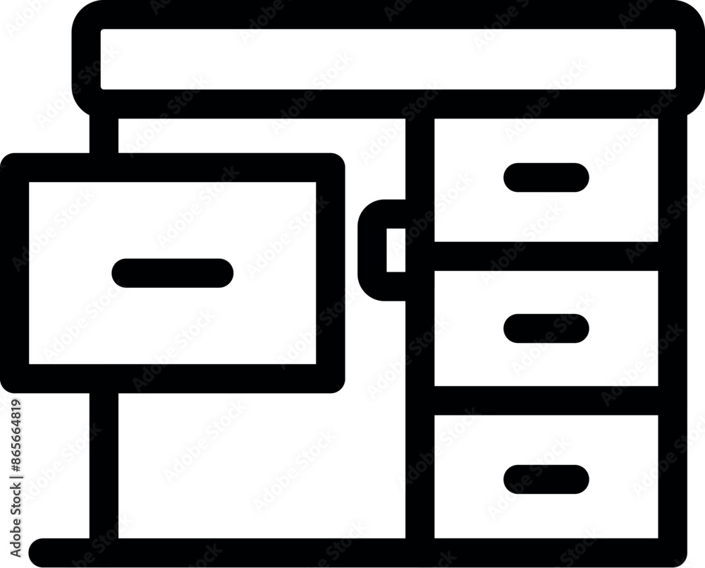Poster simple line icon of a desk with drawers and a computer screen, representing a home office setup