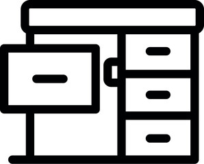 Simple line icon of a desk with drawers and a computer screen, representing a home office setup