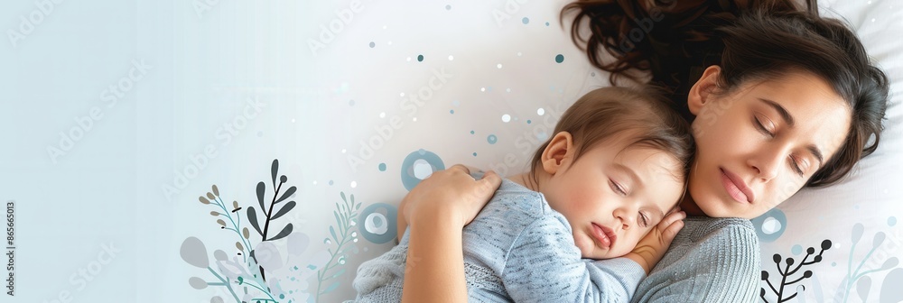 Poster a mother cradles her sleeping baby in a soft and comfortable bed, creating a peaceful and serene mom