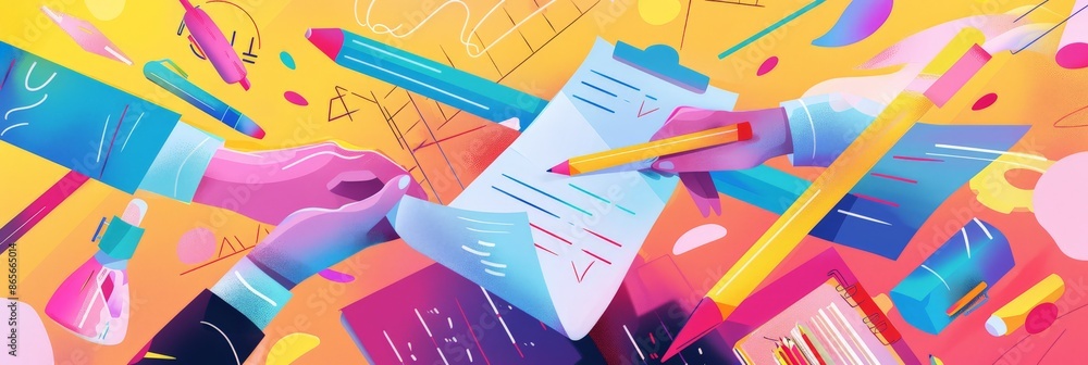 Aufkleber creative office scene with hands and documents on a vibrant background filled with floating office s