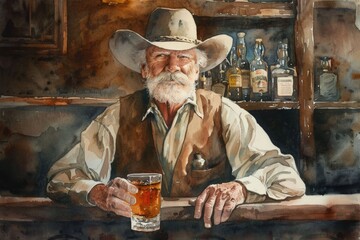 A person wearing a cowboy hat sits at a bar, possibly enjoying a drink or socializing with others