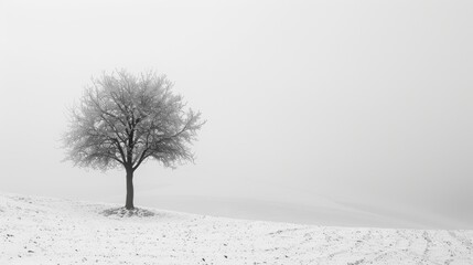 Single tree in snow covered field under foggy sky
