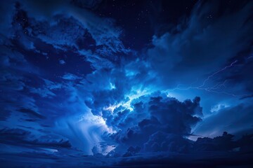 dramatic night sky illuminated by vivid lightning strike deep blueblack storm clouds electric blue flash emphasis on raw power of nature moody and atmospheric composition