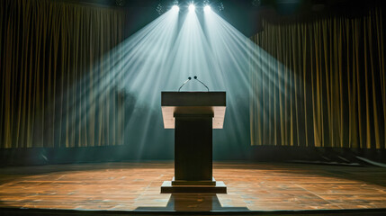 Empty podium on stage with dramatic lighting, perfect for representing public speaking engagements, presentations, or conferences.