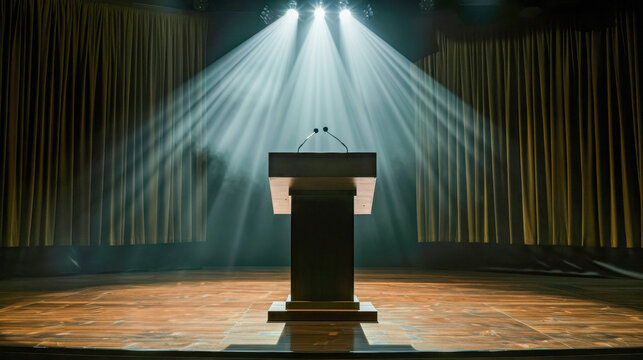 Empty podium on stage with dramatic lighting, perfect for representing public speaking engagements, presentations, or conferences.