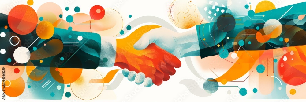 Poster Business handshake with colorful abstract background representing successful partnerships and collaborations. Perfect for business deals and corporate success